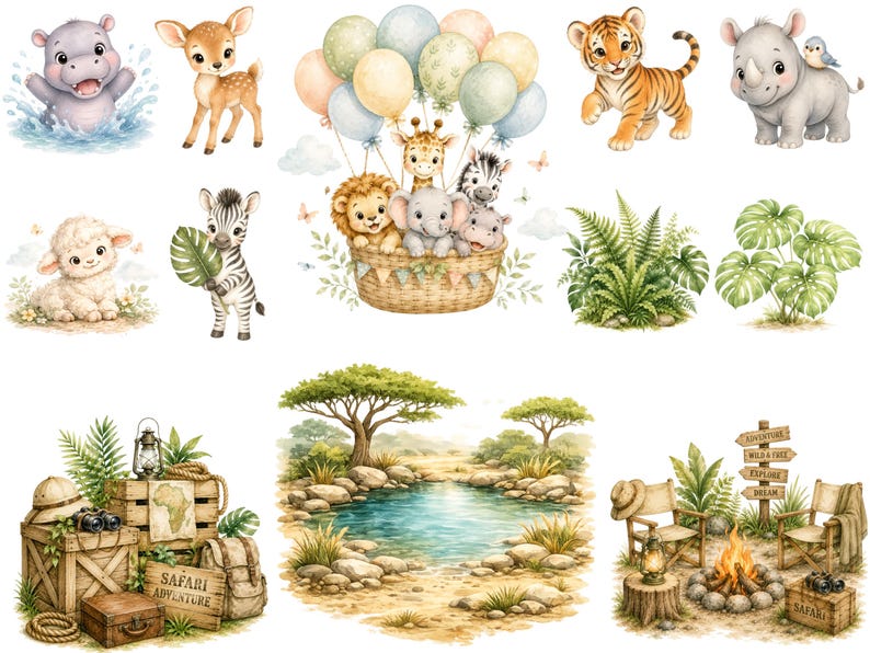 May include: A collection of watercolor illustrations featuring baby animals including a hippo, deer, tiger, rhino, lamb, and zebra, alongside a basket with animals in balloons, tropical plants, a safari campsite, and a pond landscape scene.