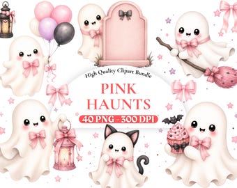 Ensemble d'images clipart roses pour Halloween, fantôme rose mignon (PNG), graphismes d'Halloween pour enfants, motifs d'Halloween pour filles, personnages mignons et effrayants, usage commercial