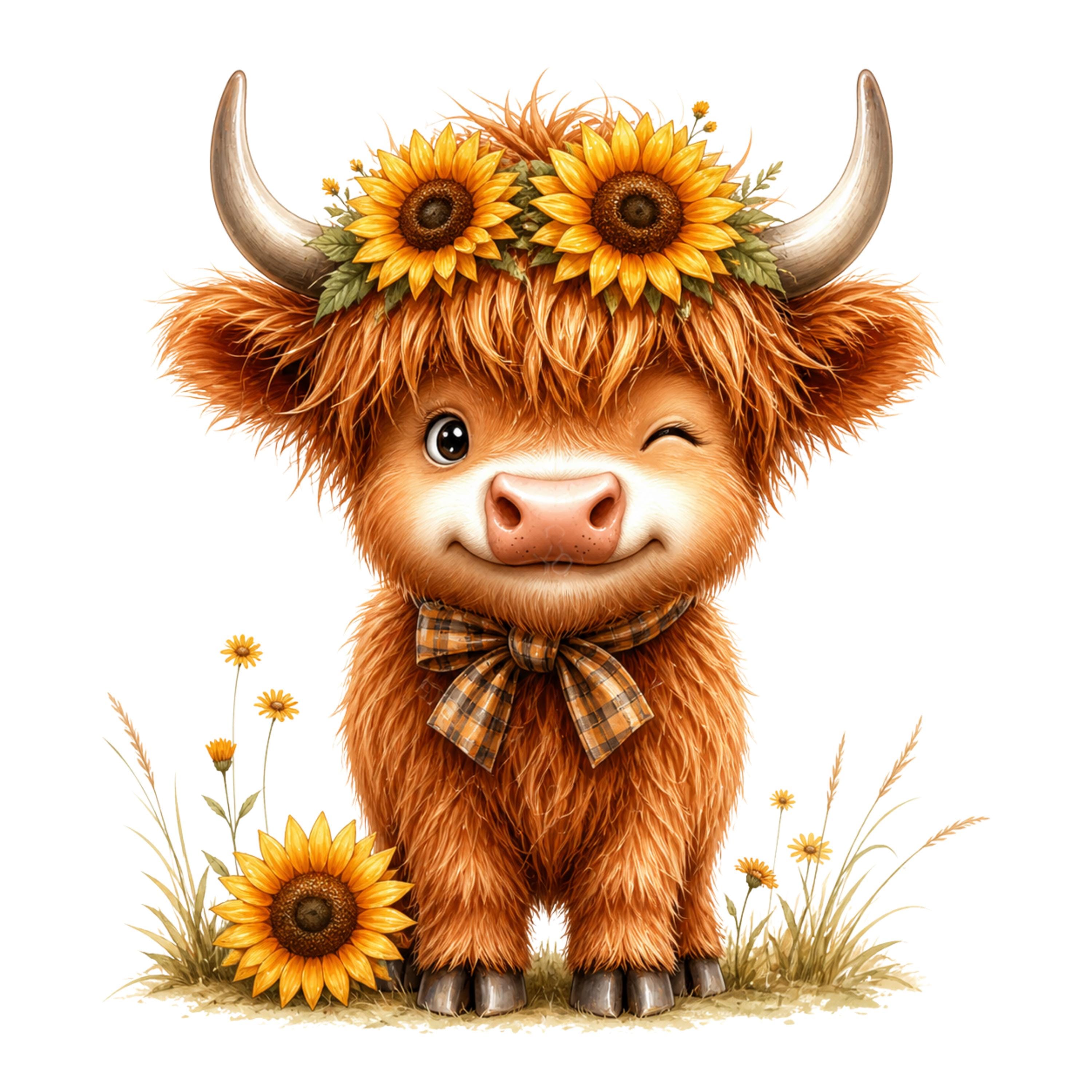 14 Highland Cow Sunflower Clipart PNG, Cute Baby Cow Floral ...