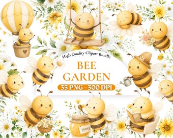 Süße kleine Biene Garten Clipart Bundle, PNG, Bienenwabe Clipart, süße Biene Floral Sublimation, Aquarell Biene Clipart, Baby-Dusche-Kinderzimmer PNG
