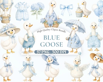 Watercolor Blue Boy Goose Clipart, Blue Silly Goose PNG, Baby Shower Clipart, Baby Boy First Birthday PNG, Nursery Art, Digital Download