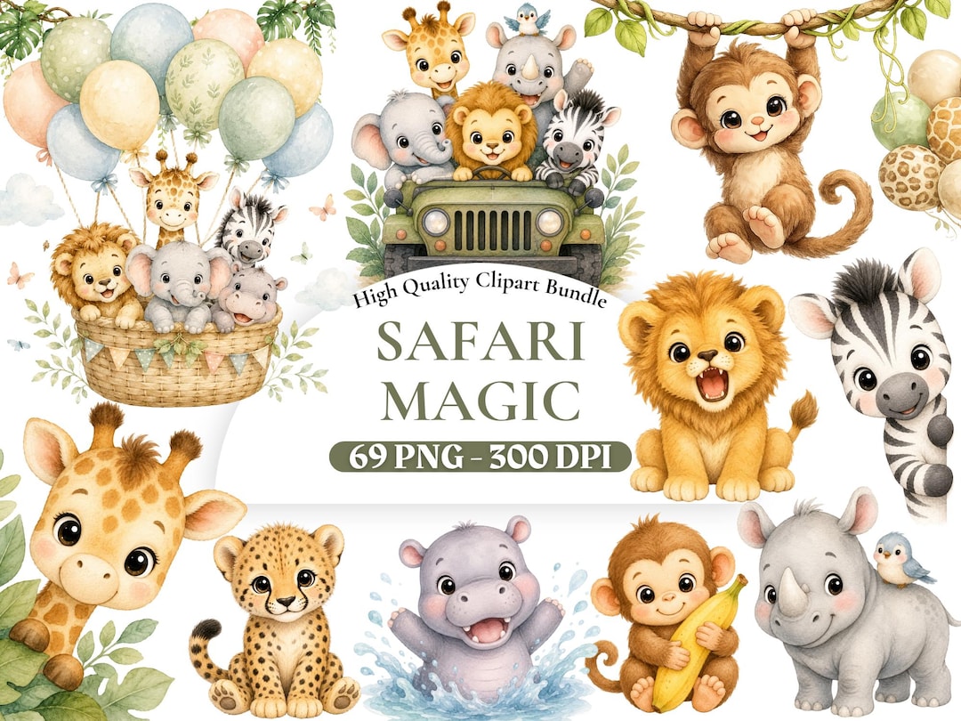 Watercolor Safari Animals PNG, Cute Safari Clipart, Lion Elephant Giraffe Zebra Clipart, B