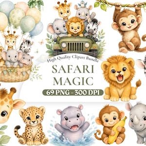 Puede incluir: Un conjunto de imágenes prediseñadas de acuarela con adorables animales de safari. Incluye un león, una cebra, una jirafa, un elefante, un mono, un rinoceronte y un guepardo. Algunos animales están en un jeep, otros en un globo aerostático. El texto "SAFARI MAGIC" está presente.