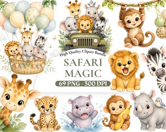 Aquarell Safari Tiere PNG, niedliche Safari Clipart, Löwe Elefant Giraffe Zebra Clipart, Baby-Dusche-Dekor-Grafik, kommerzielle Nutzung