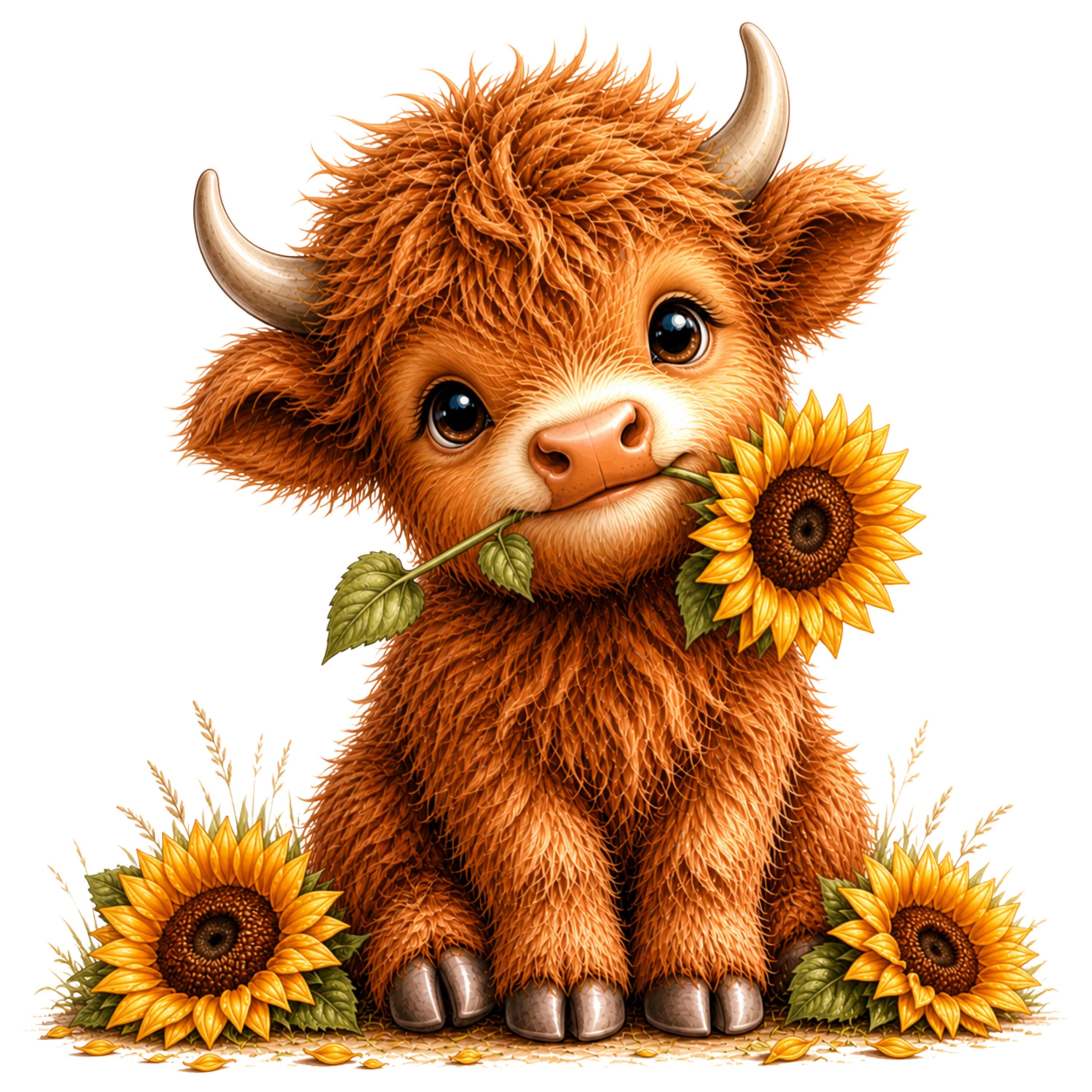 14 Highland Cow Sunflower Clipart PNG, Cute Baby Cow Floral ...