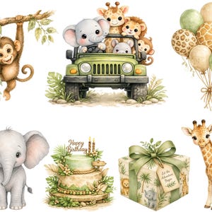 May include: A collection of watercolor illustrations featuring a monkey on a vine, an elephant, giraffe, and lion in a green jeep, a bunch of balloons, a standalone elephant, a Happy Birthday cake, a gift box, and a standing giraffe.