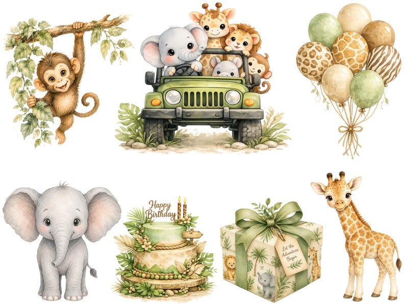 May include: A collection of watercolor illustrations featuring a monkey on a vine, an elephant, giraffe, and lion in a green jeep, a bunch of balloons, a standalone elephant, a Happy Birthday cake, a gift box, and a standing giraffe.