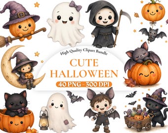 Ensemble de cliparts d'Halloween pour enfants, PNG mignons et effrayants, personnages d'Halloween - Vampire - Fantôme - Sorcière - Frankenstein, graphismes pour la chasse aux bonbons.