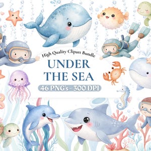 Puede incluir: Conjunto de imágenes prediseñadas de acuarela con varias criaturas marinas, incluyendo ballenas, delfines y un buceador, con el texto "UNDER THE SEA". Las ilustraciones son en colores pastel suaves, con burbujas y plantas acuáticas.