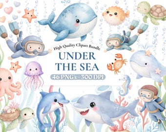 46 Aquarell Unter dem Meer Clipart Bundle, Ozean Kinderzimmer Dekor, Strand Thema Kinderzimmer, Meerestiere Poster, Küsten digitaler Download