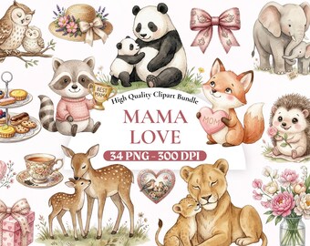 Aquarell Muttertag Tier Clipart Bundle, Mutterschaft und Familienfeier Clipart, süße Mutter und Baby Tiere PNG, kommerzielle Nutzung