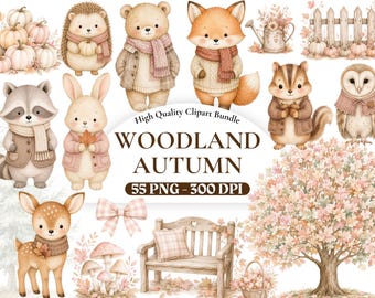 Ensemble d'images clipart d'automne en forêt, animaux de la forêt d'automne (PNG), clipart mignon de champignons, feuilles et glands, graphismes d'automne rustiques, art chaleureux pour chambre d'enfant.