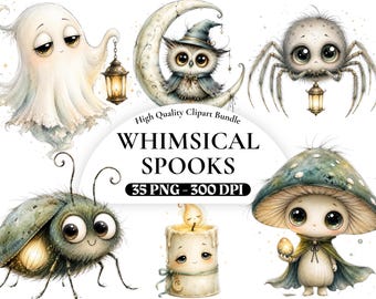 31 Whimsical Spooks Halloween Clipart, Cute Ghost PNG Bundle, Spooky Ghost Owl Bat Clipart for Halloween Party Decor, Commercial Use