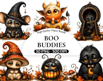 30 ブーバディーズ ハロウィン クリップアート、かわいいハロウィン PNG バンドル、カード、招待状、ステッカー用のゴースト、魔女、カボチャのクリップアート、デジタルダウンロード