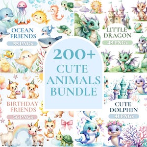 May include: A digital art bundle featuring over 200 cute animal illustrations. The image includes ocean creatures, dragons, birthday animals, and dolphins. Each category is labeled with the number of PNGs included.