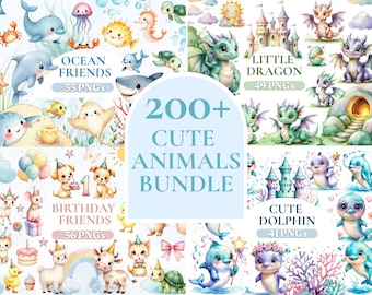 Aquarell Pastell Tiere Mega Bundle PNG, Ocean Clipart, Geburtstagsdeko, Drache PNG, Niedlicher Delfin Clipart, Kinderzimmerkunst, digitaler Download.