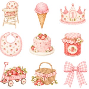 Pu&ograve; includere: Una collezione di illustrazioni a tema fragola che include un seggiolone, un cono gelato, una corona con il numero uno, un bavaglino, una torta, un barattolo di marmellata, un carretto pieno di fragole, un cestino da picnic e un fiocco rosa.