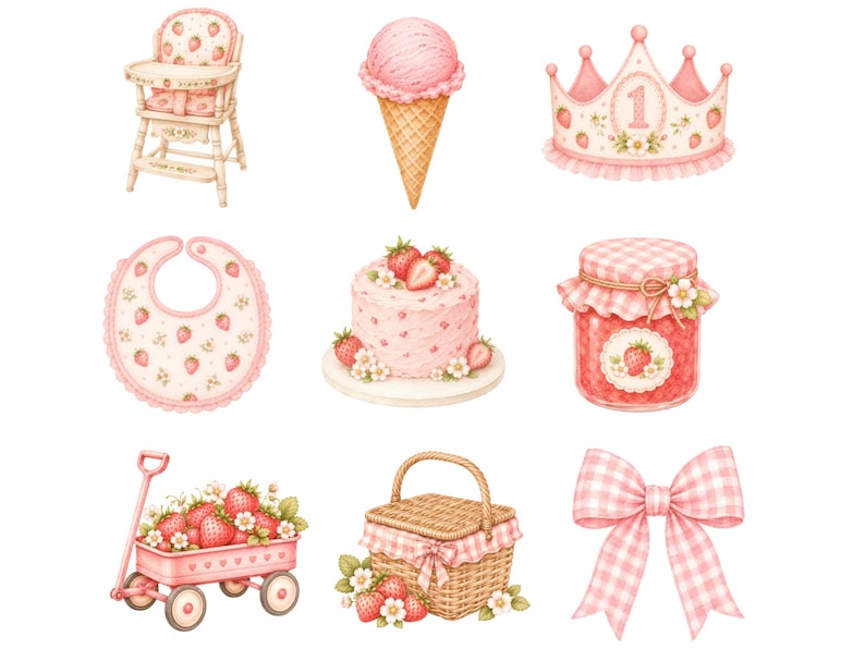 Pu&ograve; includere: Una collezione di illustrazioni a tema fragola che include un seggiolone, un cono gelato, una corona con il numero uno, un bavaglino, una torta, un barattolo di marmellata, un carretto pieno di fragole, un cestino da picnic e un fiocco rosa.