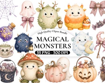 Images clipart d'Halloween de monstres à l'aquarelle, créatures effrayantes mignonnes (PNG), graphismes de monstres sorciers, graphismes pour fête d'Halloween d'enfants, art pour chambre d'enfant.
