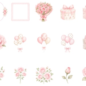May include: A collection of digital illustrations featuring pink floral elements, including rose bouquets, individual roses, rosebuds, gift boxes with bows, decorative frames, and clusters of balloons with ribbons, all rendered in a soft pastel palette.