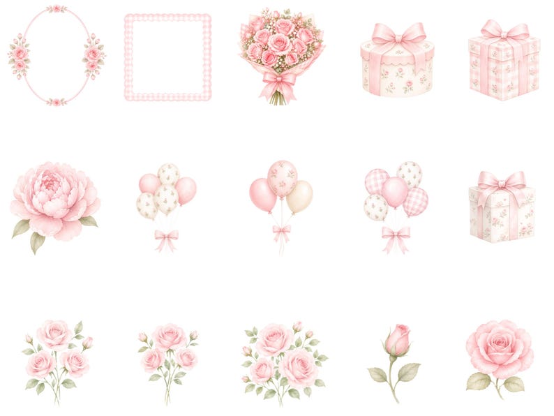 May include: A collection of digital illustrations featuring pink floral elements, including rose bouquets, individual roses, rosebuds, gift boxes with bows, decorative frames, and clusters of balloons with ribbons, all rendered in a soft pastel palette.