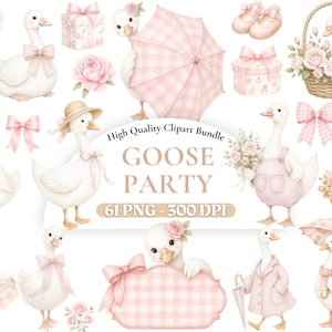 May include: A digital clipart collection featuring white geese in various poses, pink gingham umbrellas, floral baskets, bows, gift boxes, and baby shoes. The central text reads High Quality Clipart Bundle GOOSE PARTY 61 PNG - 300 DPI.