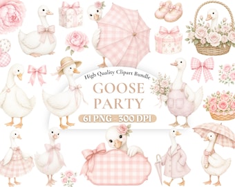 以下が含まれることがあります： High Quality Clipart Bundle GOOSE PARTY 61 PNG - 300 DPIというタイトルのデジタルクリップアートセット。白いガチョウ、ピンクのリボン、花かご、ギフトボックス、傘、ベビーシューズの水彩イラストがパステルピンクの色調で描かれています。