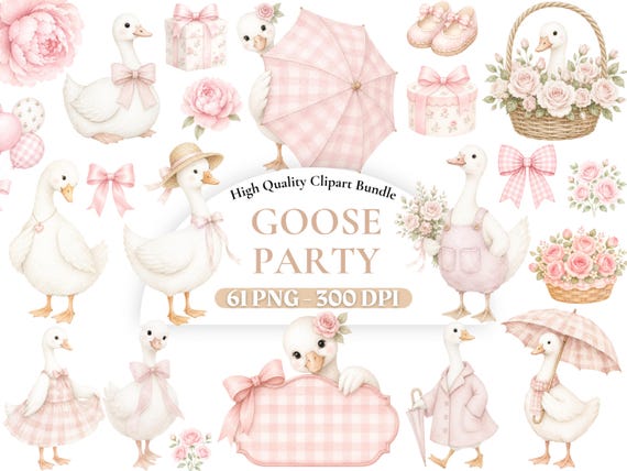 Watercolor Pink Goose Party Clipart Bundle, Girly Goose Clipart, Girl Birthday Decor, Nursery Art, Boho Baby Shower PNG, Commercial Use