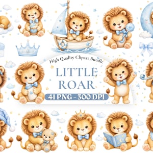 May include: A digital clipart collection featuring various illustrations of lion cubs in shades of tan and blue. The central text reads High Quality Clipart Bundle LITTLE ROAR 41 PNG - 300 DPI. The lions are depicted with accessories like crowns, hats, and toys.