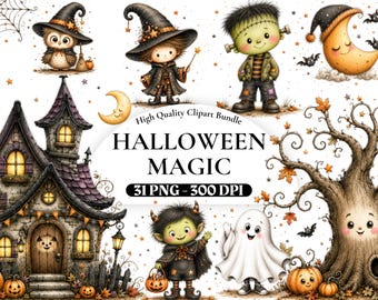 ハロウィンマジッククリップアートバンドル、魔女風PNGグラフィック、不気味なハロウィンイラスト、面白い幽霊、カボチャ、フクロウ、コウモリのPNG、商用利用可。