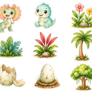 May include: Watercolor illustrations of baby dinosaurs, plants, and eggs. The dinosaurs are in shades of green and blue, with friendly expressions. The plants include flowers, palm trees, and leafy bushes. The eggs are speckled and cracked.