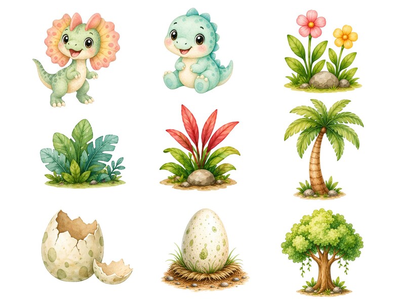 May include: Watercolor illustrations of baby dinosaurs, plants, and eggs. The dinosaurs are in shades of green and blue, with friendly expressions. The plants include flowers, palm trees, and leafy bushes. The eggs are speckled and cracked.