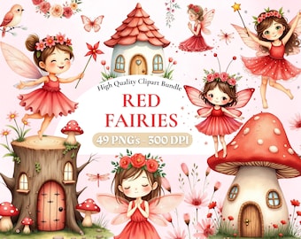 Fee ersten Geburtstag Clipart-Pack, Aquarell rote Fee Clipart, kleine Fee PNG Bundle, wunderliche Feen Clipart, Mädchen Geburtstag Clipart