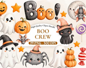 以下が含まれることがあります： BOO CREWと題されたデジタルクリップアートセット。幽霊、カボチャ、魔女の帽子をかぶった黒猫、クモ、コウモリ、星、月、キャンディの水彩イラストが含まれています。画像内のテキストはHigh Quality Clipart Bundle BOO CREW 29 PNG - 300 DPIです。