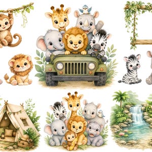May include: A collection of illustrations featuring cartoon safari animals including a monkey, giraffe, elephant, lion, rhino, and zebra. Elements include a green jeep, a wooden swing with vines, a beige canvas tent, and a waterfall scene.