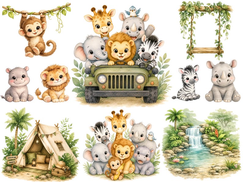May include: A collection of illustrations featuring cartoon safari animals including a monkey, giraffe, elephant, lion, rhino, and zebra. Elements include a green jeep, a wooden swing with vines, a beige canvas tent, and a waterfall scene.