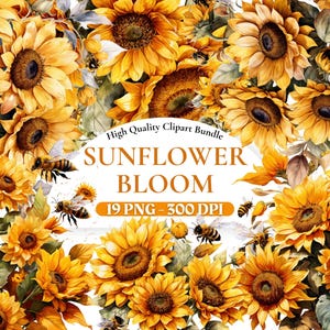 Solrosor och bin Clipart, blommig PNG, solrosillustration, bi-clipart, akvarellblommor, akvarell vår-clipart, utskrivbar PNG bild 1