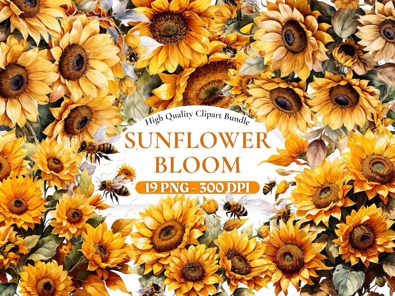 Solrosor och bin Clipart, blommig PNG, solrosillustration, bi-clipart, akvarellblommor, akvarell vår-clipart, utskrivbar PNG bild 1