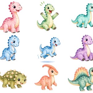 May include: Watercolor illustrations of nine adorable dinosaurs in various colors and poses. The dinosaurs include a pink one, a green one with its arms up, a blue one, a purple one, and others with unique features.