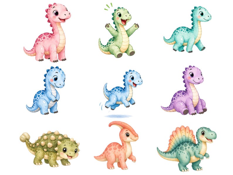May include: Watercolor illustrations of nine adorable dinosaurs in various colors and poses. The dinosaurs include a pink one, a green one with its arms up, a blue one, a purple one, and others with unique features.