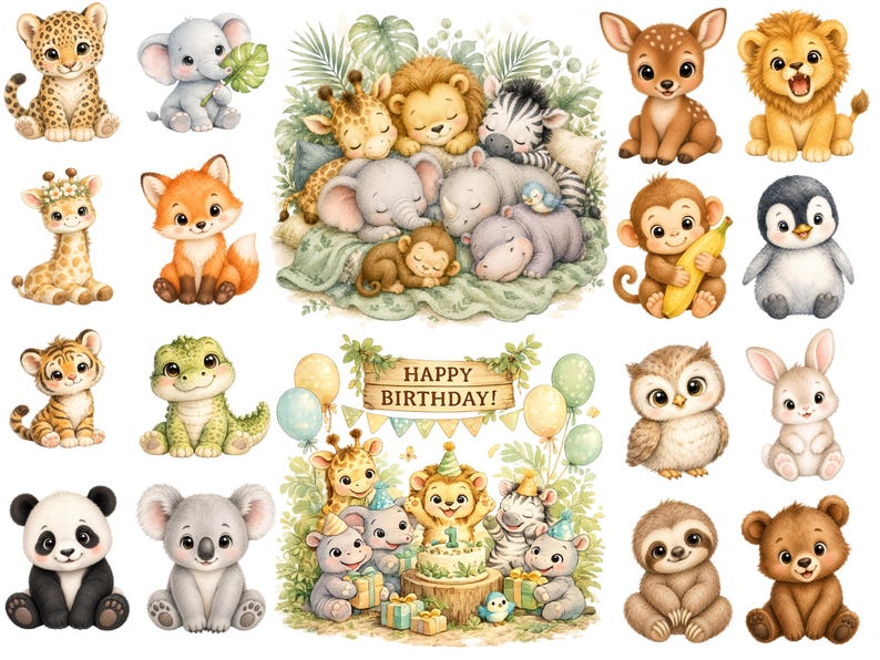 Watercolor Safari Animals PNG, Cute Safari Clipart, Lion Elephant Giraffe Zebra Clipart, Baby Shower Decor Graphics, Commercial Use image 4