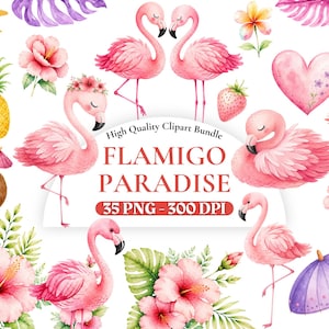 Op de afbeelding: Watercolor clipart bundel met roze flamingo's, bloemen en tropische elementen. Inclusief een ananas, kokosdrank en een hart. De tekst "FLAMIGO PARADISE" wordt weergegeven. 35 PNG-bestanden met 300 DPI.