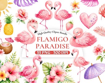 Flamingo Paradise Clipart Bundle, Tropischer Flamingo PNG, Pink Vogel Sublimationsdesign, Sommerferien Clipart, Kinderzimmer Grafiken