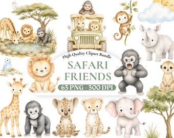 Watercolor Safari Friends Clipart Bundle, Cute Jungle Animals PNG, Lion Elephant Giraffe Zebra, Nursery Art, Birthday Decor, Commercial Use