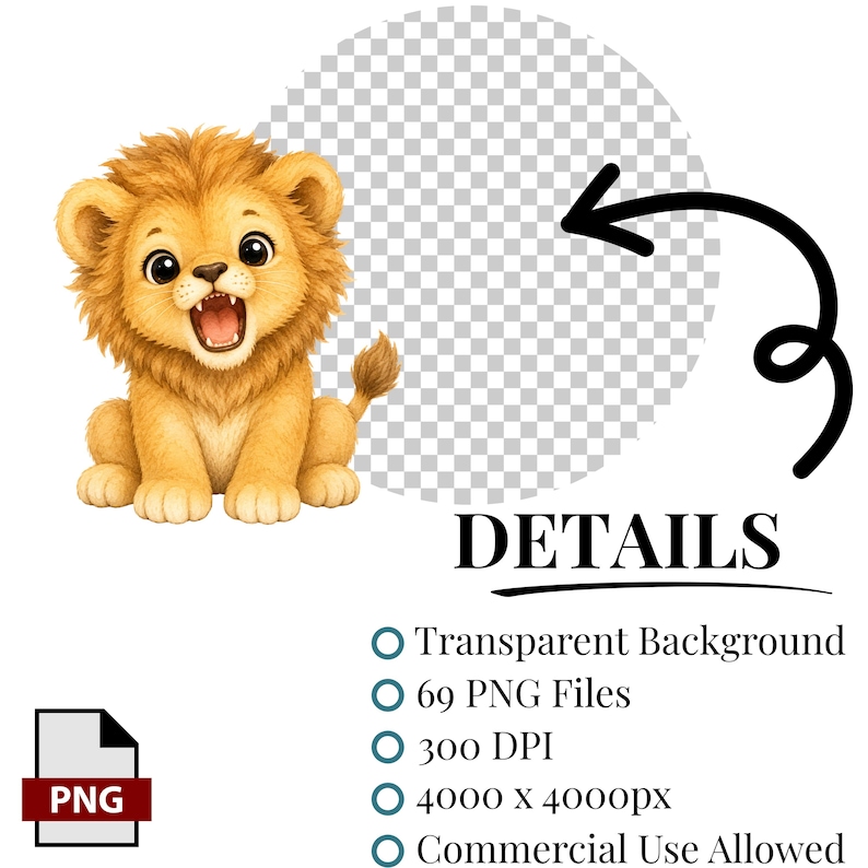 May include: A digital illustration of a golden lion cub with a fluffy mane and open mouth, accompanied by text listing product details including Transparent Background, 69 PNG Files, 300 DPI, 4000 x 4000px, and Commercial Use Allowed.