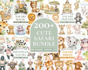 かわいいサファリ動物メガバンドル、ジャングル動物PNGクリップアート、サファリ保育園アート、誕生日デコレーションPNG、ベビーシャワークリップアート、商用利用可。