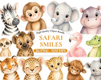 Safari Smiles Clipart Bundle, Baby Jungle Animals PNG, Smiling Lion Elephant Giraffe Tiger, Kids Nursery Art, Birthday Decor, Commercial Use