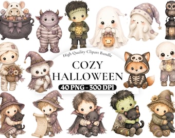 Pack de clipart d'Halloween chaleureux, PNG d'automne mignons, motifs d'automne effrayants pour sublimation et autocollants, graphismes de citrouilles, sorcières fantômes, usage commercial.