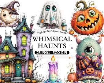 以下が含まれることがあります： WHIMSICAL HAUNTS 25 PNG 300 DPIというタイトルのデジタルクリップアートセット。紫色の幽霊屋敷、魔女の帽子をかぶった笑顔の三日月、シーツをかぶった幽霊、ジャック・オー・ランタン、カラフルなキャンドル、毛むくじゃらの一つ目モンスターが描かれています。