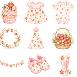 Pu&ograve; includere: Una collezione di illustrazioni ad acquerello che raffigura un cupcake guarnito con fragole, un vestito, un body, una ghirlanda floreale, un cappellino da festa, un cesto di vimini con fragole, una ghirlanda, scarpine e un frapp&eacute; alla fragola.